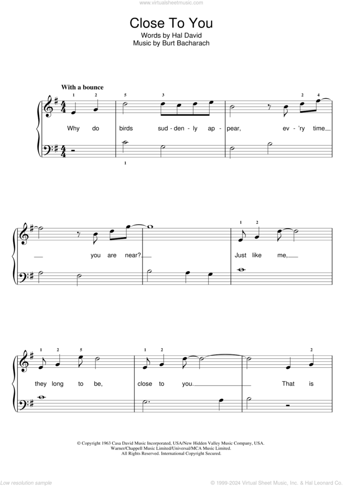 Close To You (They Long To Be) sheet music for piano solo by Burt Bacharach, Carpenters and Hal David, easy skill level