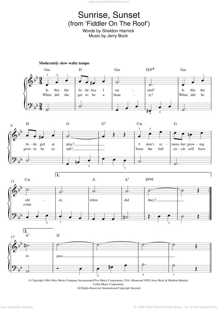 Sunrise, Sunset (from Fiddler On The Roof) sheet music for piano solo by Jerry Bock and Sheldon Harnick, easy skill level