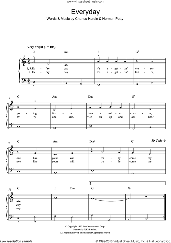 Everyday, (easy) sheet music for piano solo by Buddy Holly, Charles Hardin and Norman Petty, easy skill level