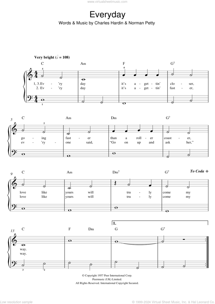 Everyday, (easy) sheet music for piano solo by Buddy Holly, Charles Hardin and Norman Petty, easy skill level