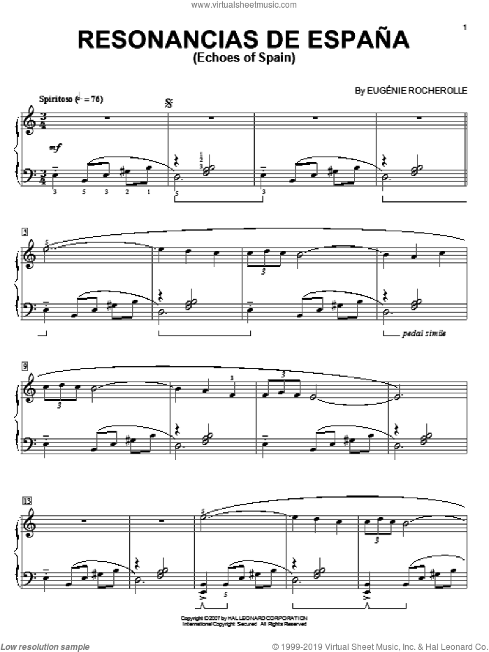 Resonancias De Espana (Echoes Of Spain) sheet music for piano solo by Eugenie Rocherolle, intermediate skill level