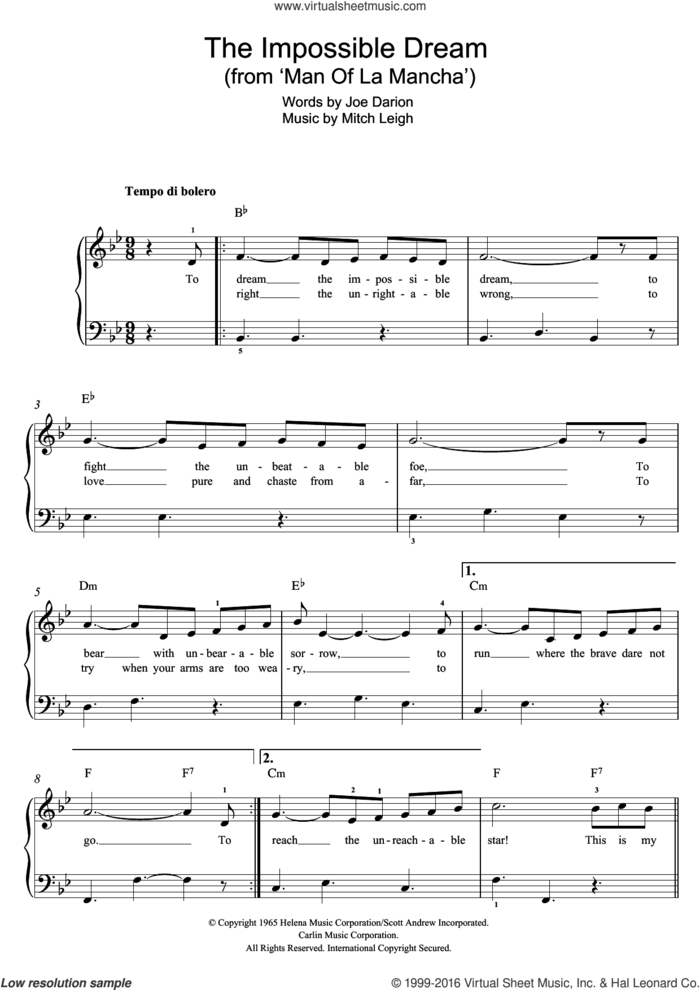 The Impossible Dream (from Man Of La Mancha) sheet music for piano solo by Andy Williams, Mitch Leigh and Joe Darion, easy skill level
