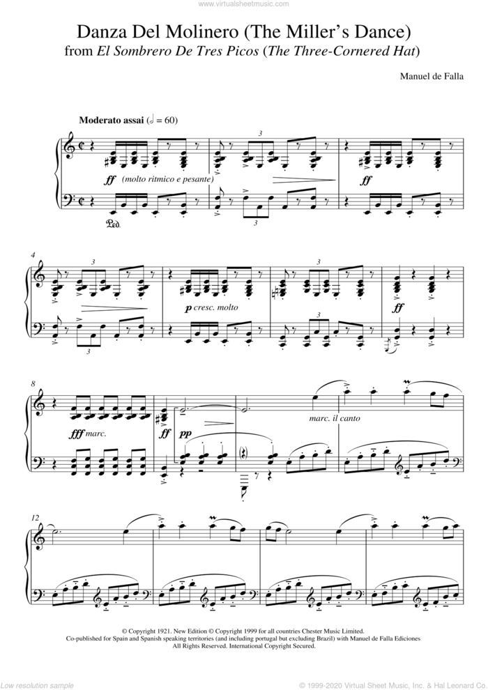 Danza Del Molinero (The Miller's Dance) (From El Sombrero De Tres Picos (The Three-Cornered Hat) sheet music for piano solo by Manuel De Falla, classical score, intermediate skill level