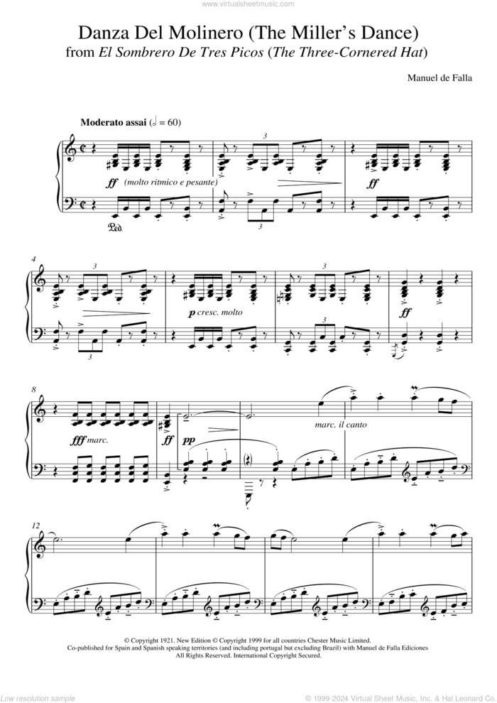 Danza Del Molinero (The Miller's Dance) (From El Sombrero De Tres Picos (The Three-Cornered Hat) sheet music for piano solo by Manuel De Falla, classical score, intermediate skill level