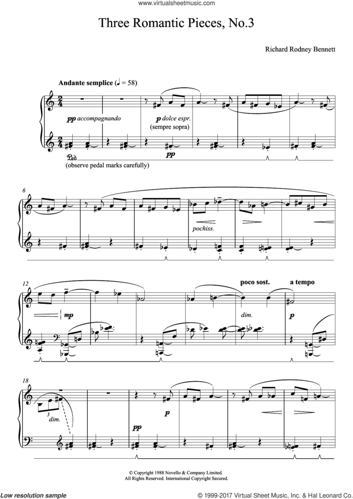 Three Romantic Pieces, No.3 sheet music for piano solo by Richard Bennett, classical score, intermediate skill level