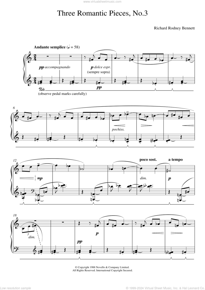 Three Romantic Pieces, No.3 sheet music for piano solo by Richard Bennett, classical score, intermediate skill level