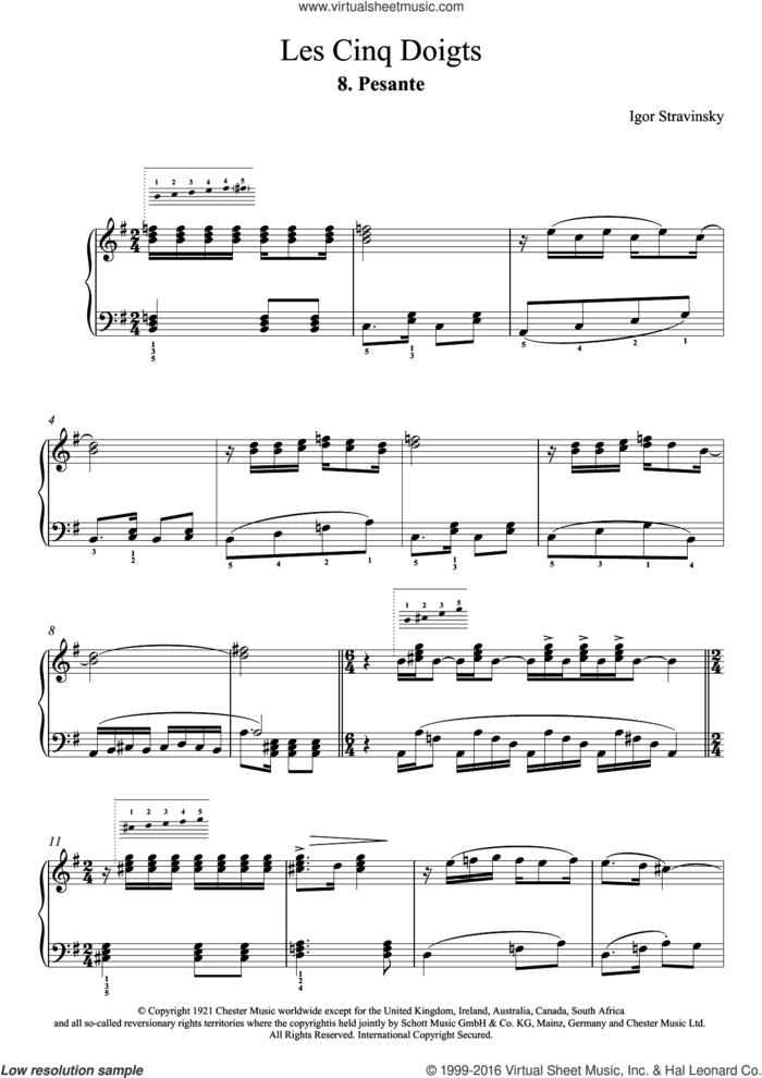Pesante (No. 8 From Les Cinq Doigts) sheet music for piano solo by Igor Stravinsky, classical score, intermediate skill level