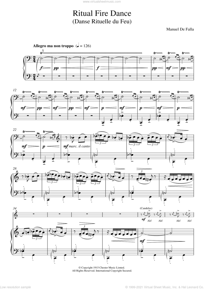 Ritual Fire Dance sheet music for piano solo by Manuel De Falla, classical score, intermediate skill level
