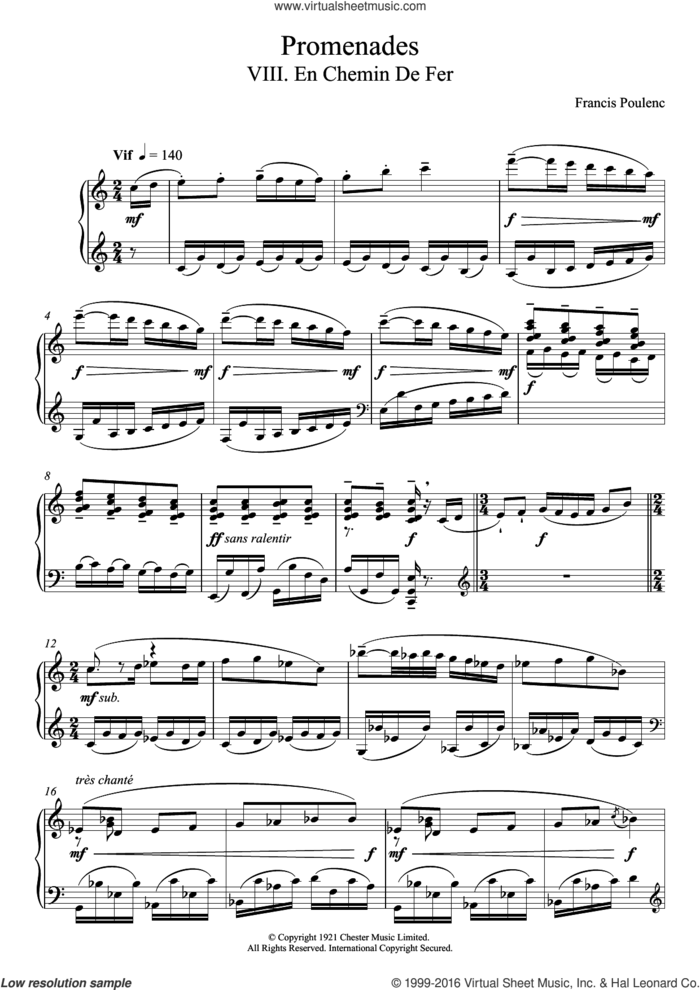 Promenades - VIII. En Chemin De Fer sheet music for piano solo by Francis Poulenc, classical score, intermediate skill level