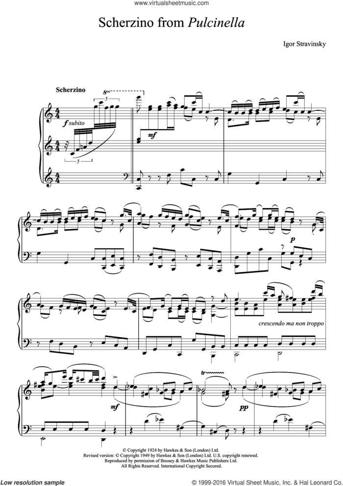 Scherzino from Pulcinella sheet music for piano solo by Igor Stravinsky, classical score, intermediate skill level