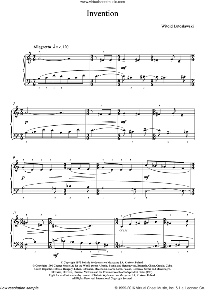 Invention sheet music for piano solo by Witold Lutoslawski, classical score, intermediate skill level