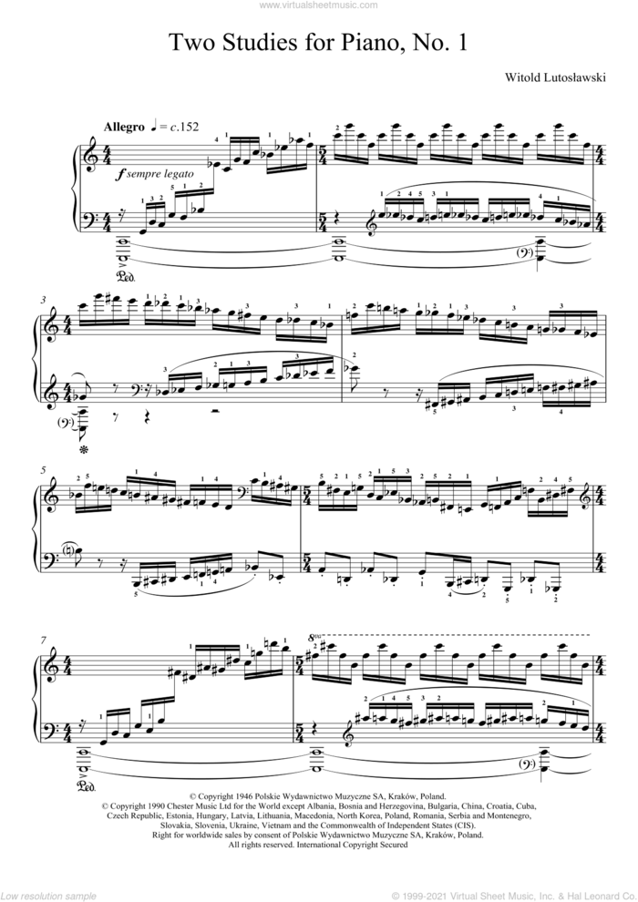 Two Studies For Piano, 1. Allegro sheet music for piano solo by Witold Lutoslawski, classical score, intermediate skill level