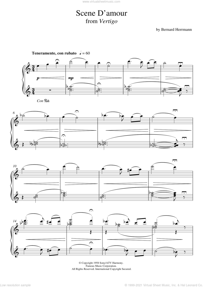 Scene D'amour From Vertigo sheet music for piano solo by Bernard Herrmann, intermediate skill level