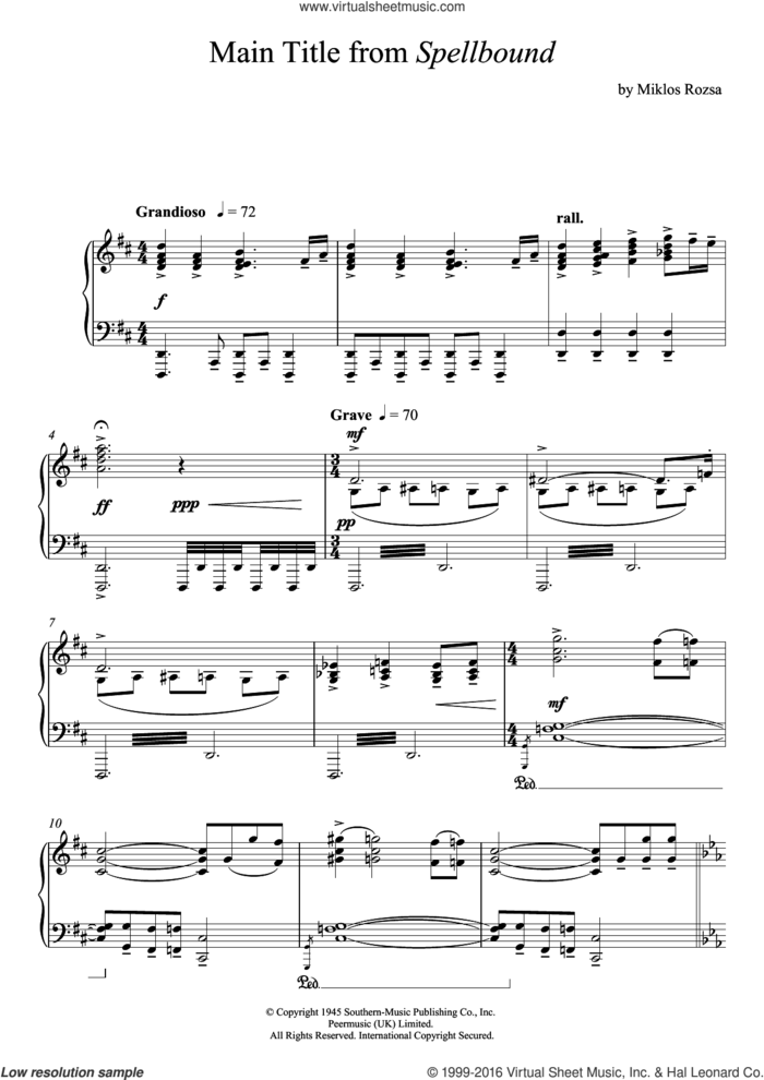 Spellbound sheet music for piano solo by Miklos Rozsa, intermediate skill level
