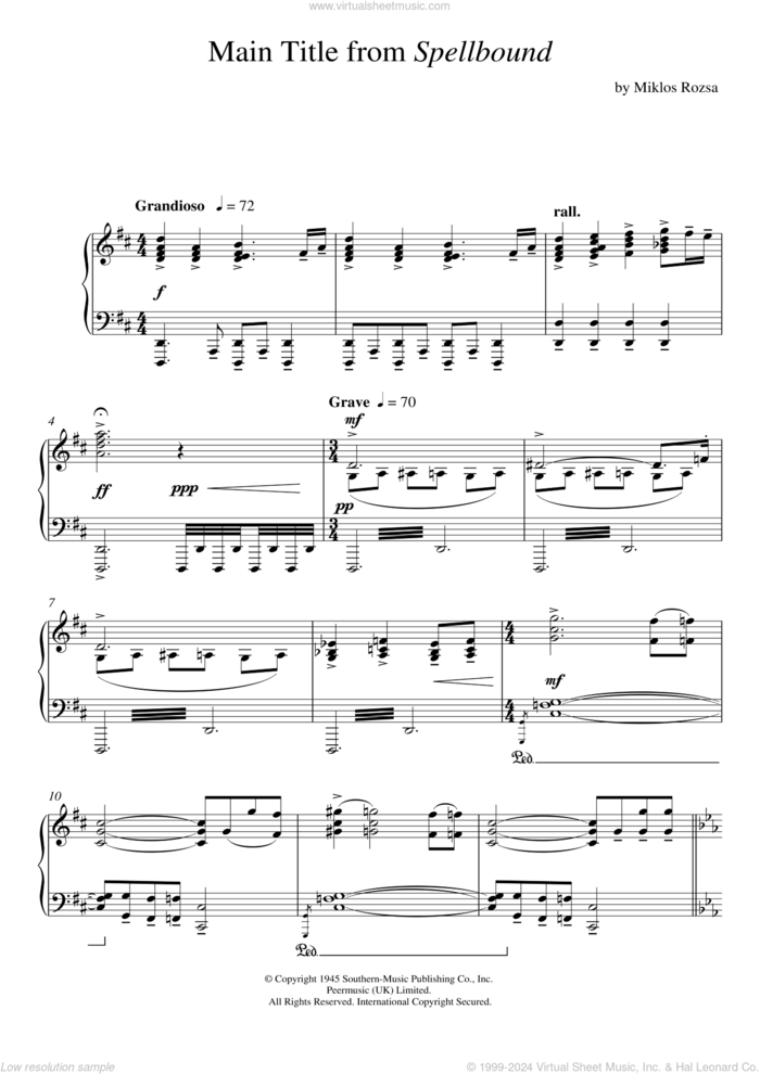 Spellbound sheet music for piano solo by Miklos Rozsa, intermediate skill level