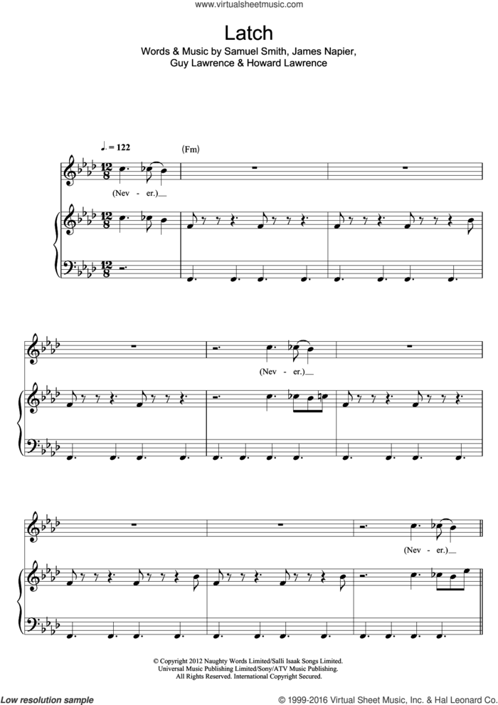 Latch sheet music for voice, piano or guitar by Disclosure ft. Sam Smith, Guy Lawrence, Howard Lawrence, James Napier and Samuel Smith, intermediate skill level