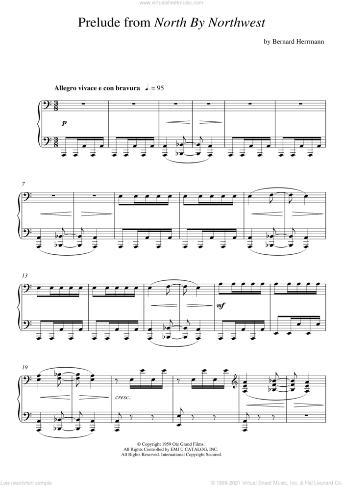 Prelude From North By Northwest sheet music for piano solo by Bernard Herrmann, intermediate skill level