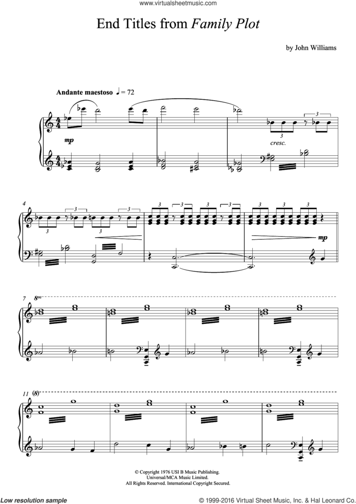 Family Plot sheet music for piano solo by John Williams, intermediate skill level