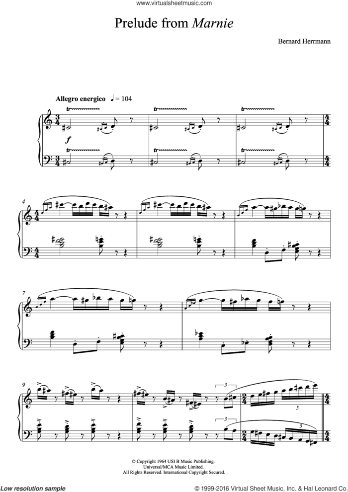 Prelude From Marnie sheet music for piano solo by Bernard Herrmann, intermediate skill level