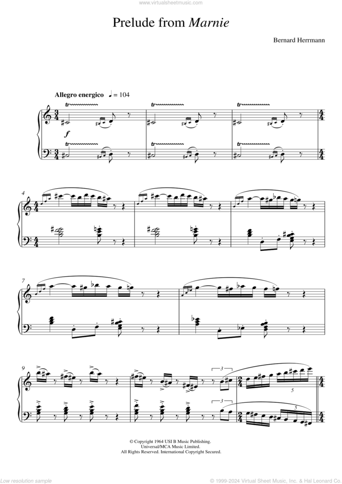 Prelude From Marnie sheet music for piano solo by Bernard Herrmann, intermediate skill level