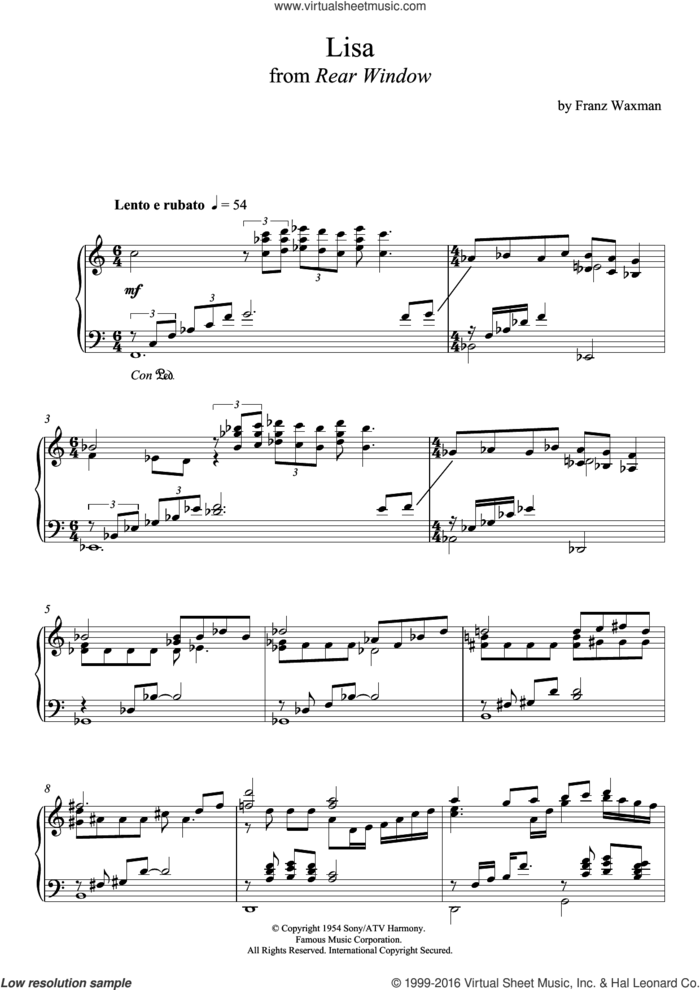 Lisa (from Rear Window) sheet music for piano solo by Franz Waxman, intermediate skill level