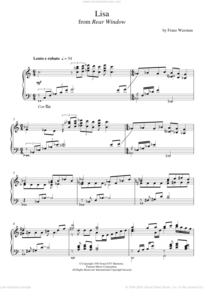 Lisa (from Rear Window) sheet music for piano solo by Franz Waxman, intermediate skill level