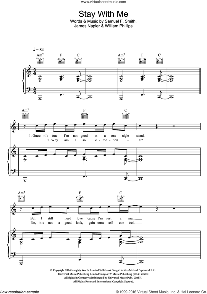 Stay With Me sheet music for voice, piano or guitar by Sam Smith, James Napier, Samuel F. Smith and William Phillips, intermediate skill level