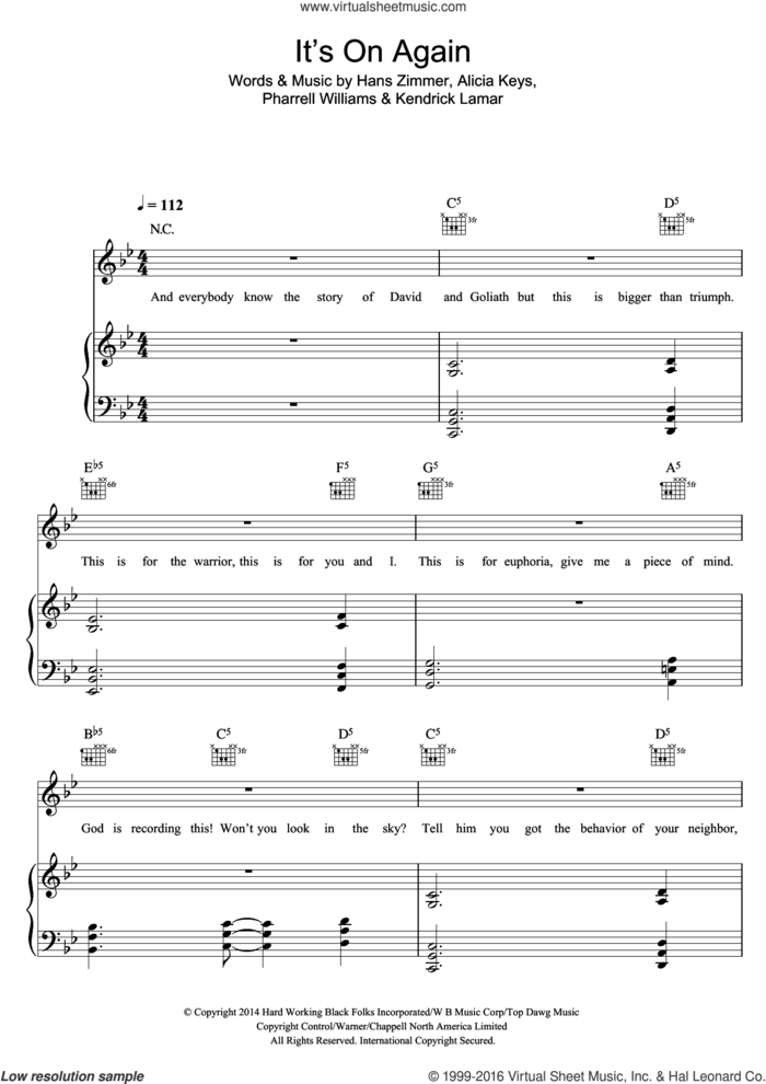 It's On Again sheet music for voice, piano or guitar by Alicia Keys, Hans Zimmer, Kendrick Lamar and Pharrell Williams, intermediate skill level