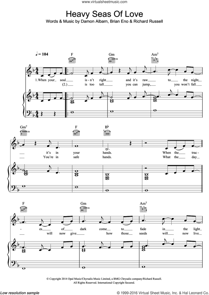 Heavy Seas Of Love sheet music for voice, piano or guitar by Damon Albarn, Brian Eno and Richard Russell, intermediate skill level