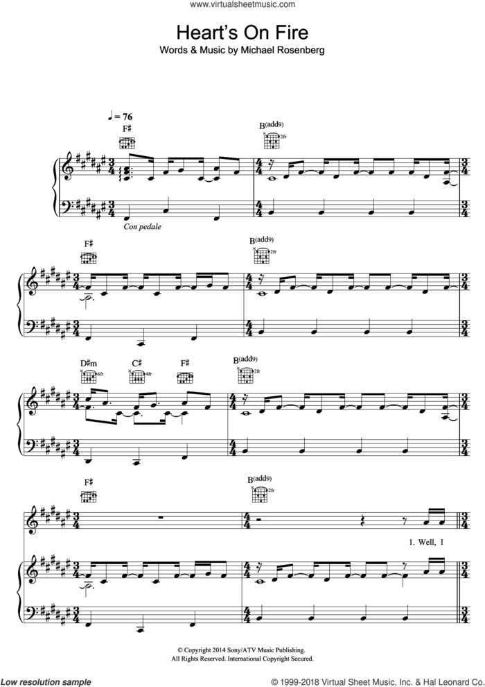 Heart's On Fire sheet music for voice, piano or guitar by Passenger and Michael Rosenberg, intermediate skill level