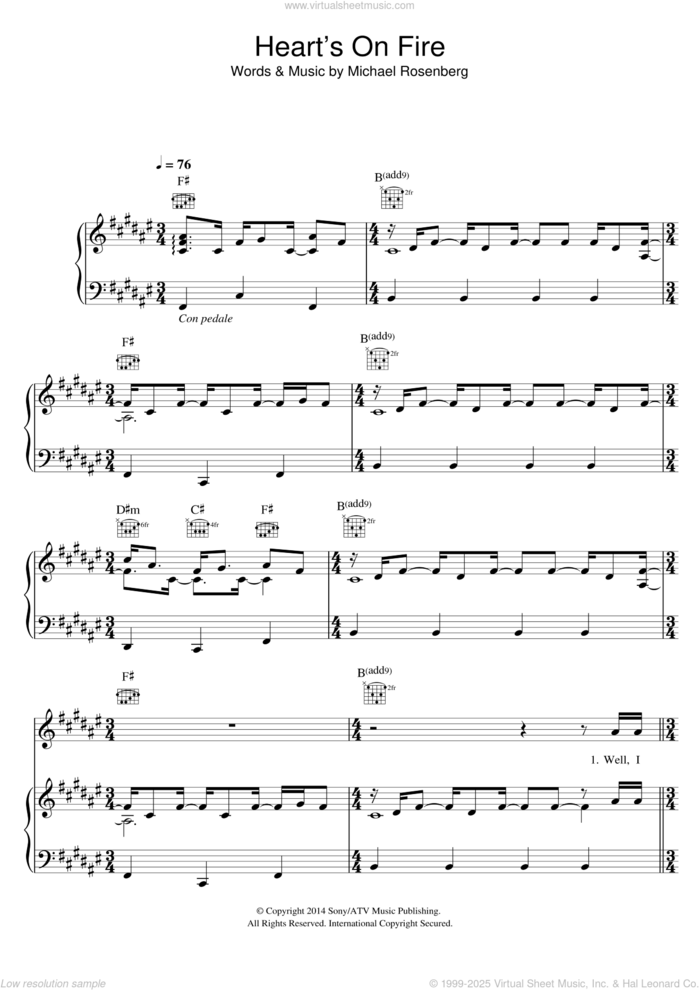 Heart's On Fire sheet music for voice, piano or guitar by Passenger and Michael Rosenberg, intermediate skill level