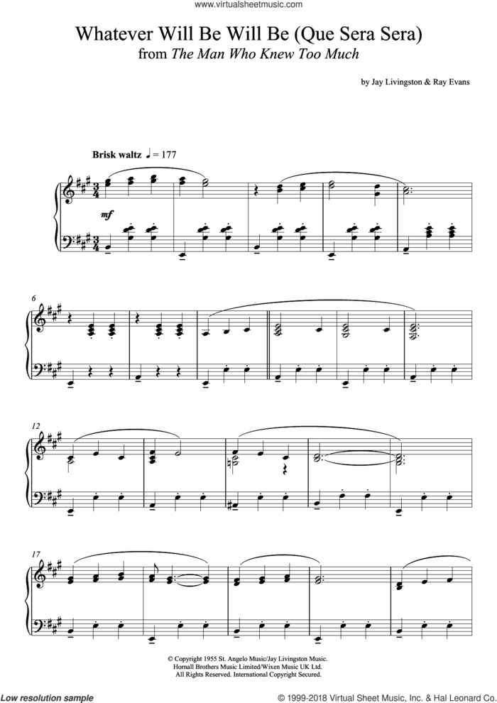 Que Sera, Sera (Whatever Will Be, Will Be), (intermediate) sheet music for piano solo by Doris Day, Jay Livingston and Ray Evans, intermediate skill level
