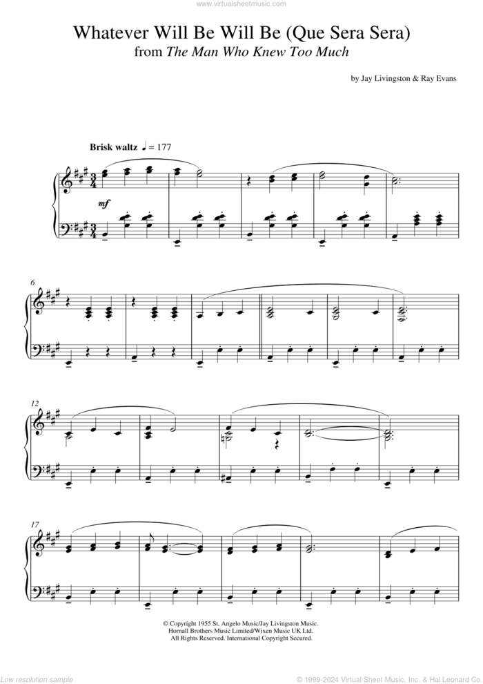 Que Sera, Sera (Whatever Will Be, Will Be), (intermediate) sheet music for piano solo by Doris Day, Jay Livingston and Ray Evans, intermediate skill level