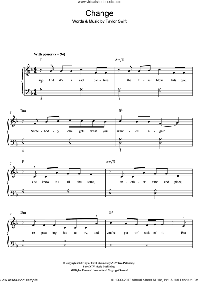 Change sheet music for piano solo by Taylor Swift, easy skill level