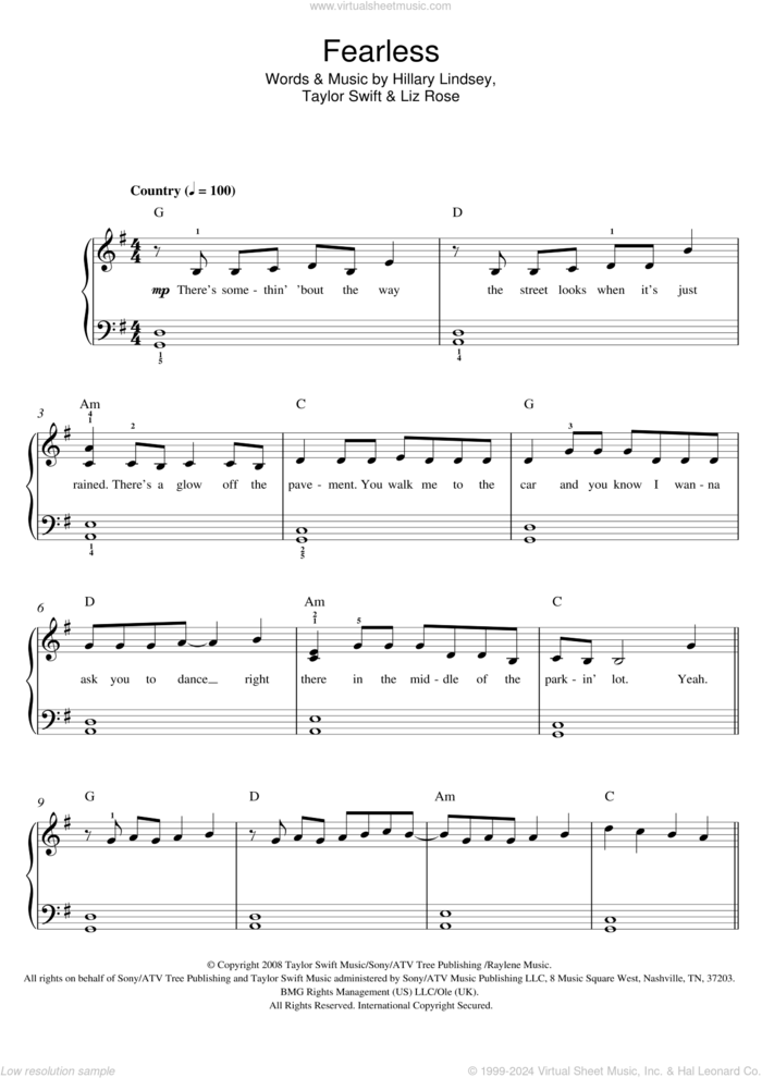 Fearless sheet music for piano solo by Taylor Swift, Hillary Lindsey and Liz Rose, easy skill level