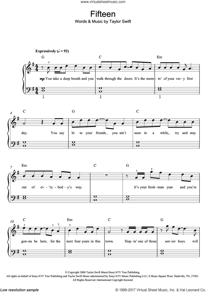 Fifteen, (easy) sheet music for piano solo by Taylor Swift, easy skill level