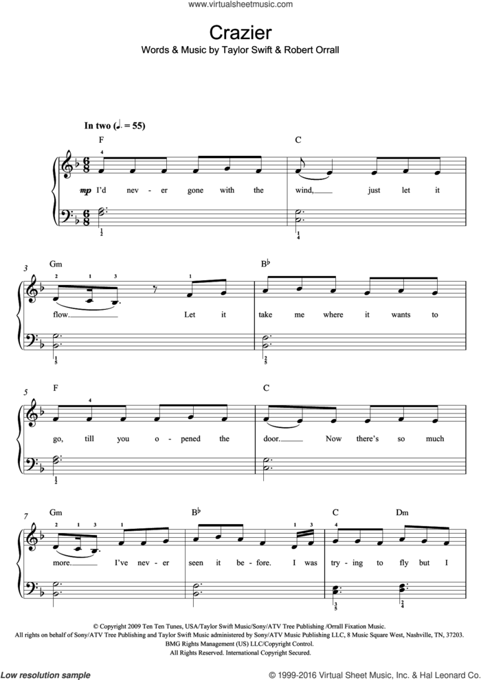 Crazier sheet music for piano solo by Taylor Swift and Robert Orrall, easy skill level