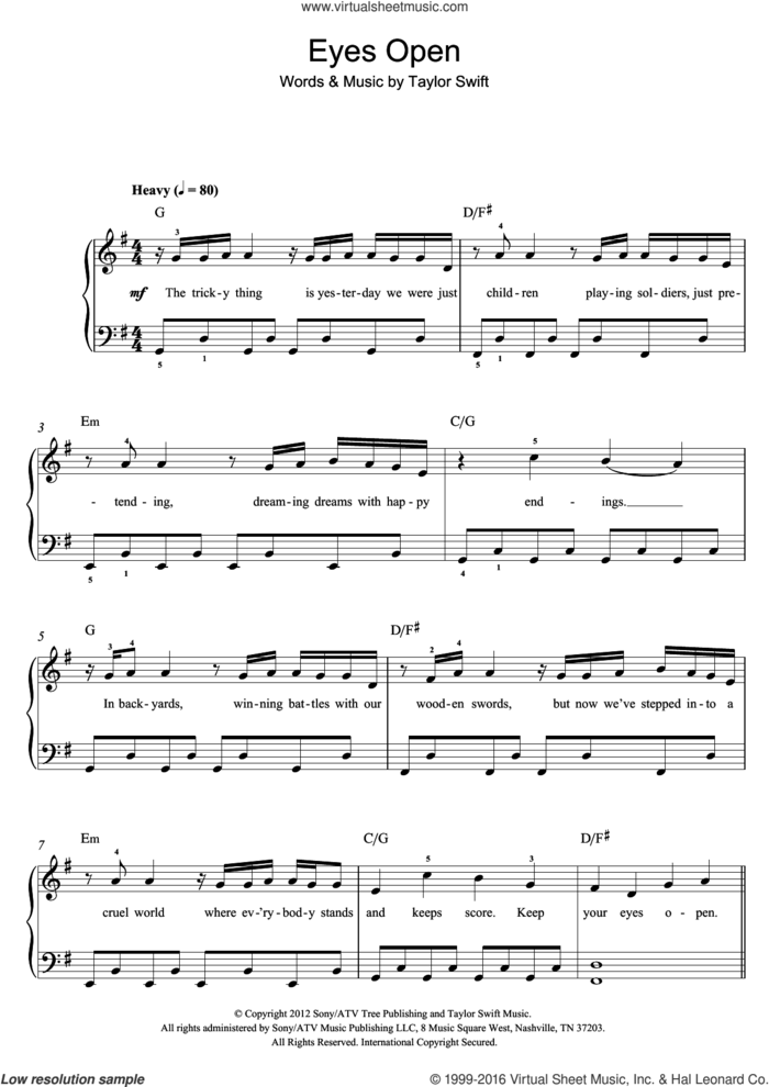 Eyes Open sheet music for piano solo by Taylor Swift, easy skill level