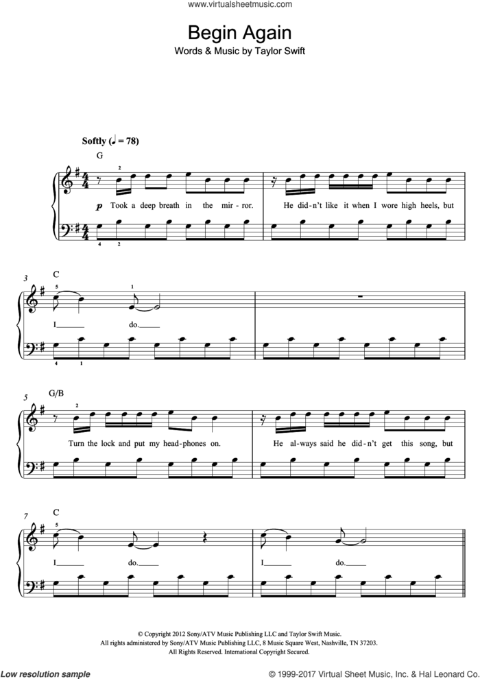 Begin Again sheet music for piano solo by Taylor Swift, easy skill level