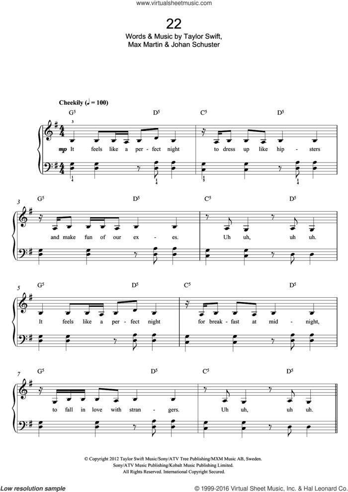 22 sheet music for piano solo by Taylor Swift, Max Martin and Shellback, easy skill level