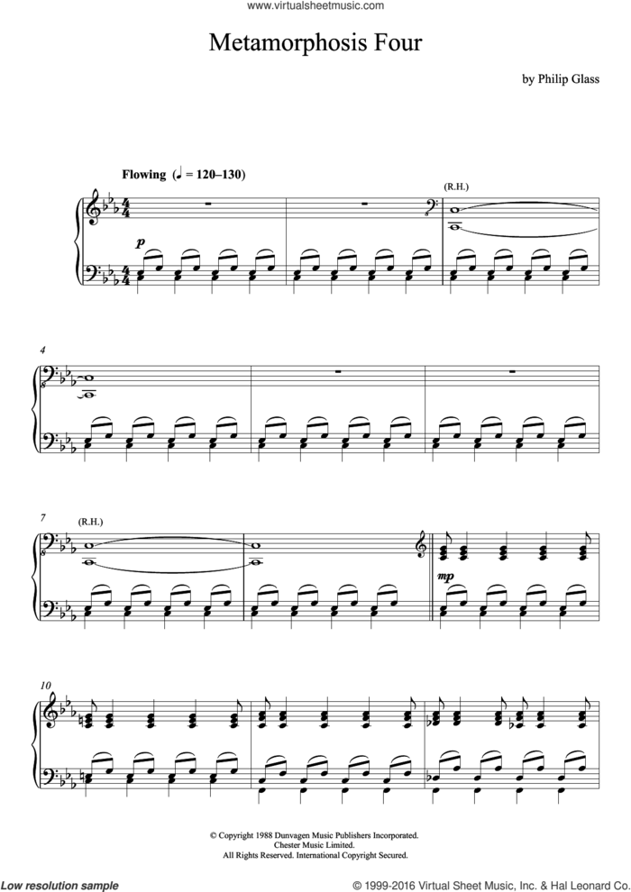 Metamorphosis Four sheet music for piano solo by Philip Glass, classical score, intermediate skill level