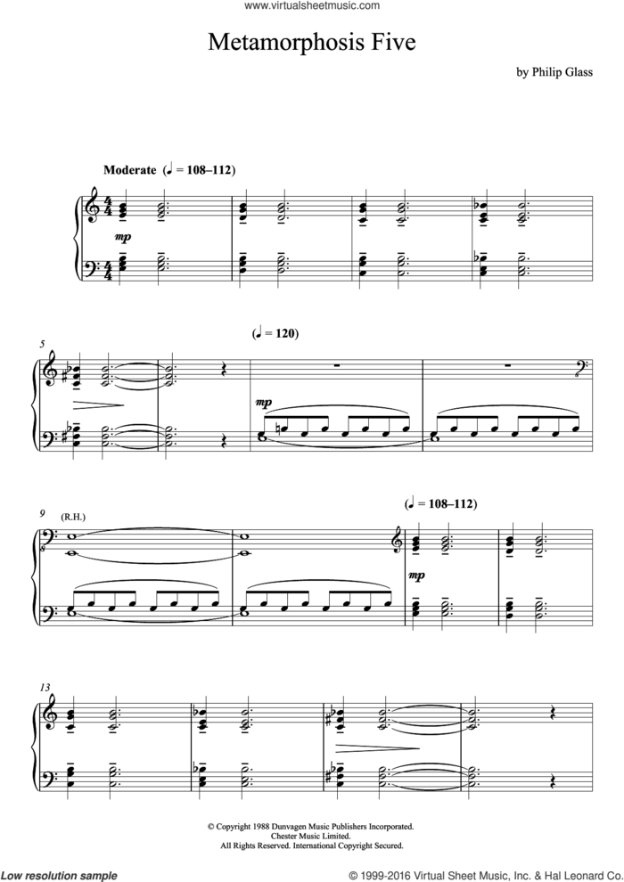 Metamorphosis Five sheet music for piano solo by Philip Glass, classical score, intermediate skill level