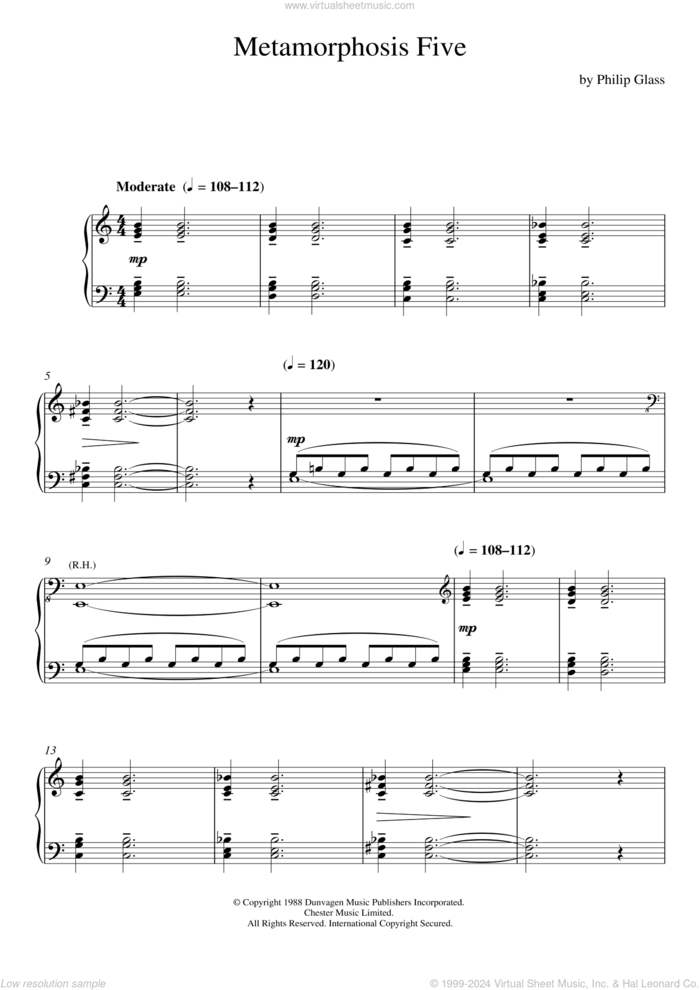 Metamorphosis Five sheet music for piano solo by Philip Glass, classical score, intermediate skill level