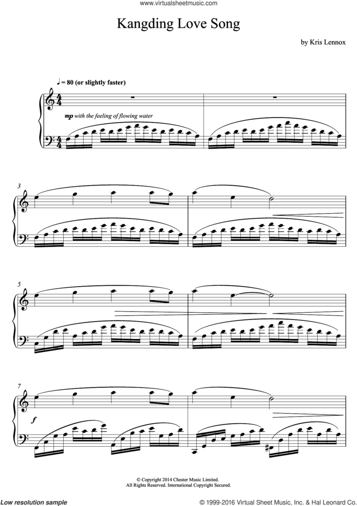 Kangding Love Song sheet music for piano solo by Kris Lennox, classical score, intermediate skill level