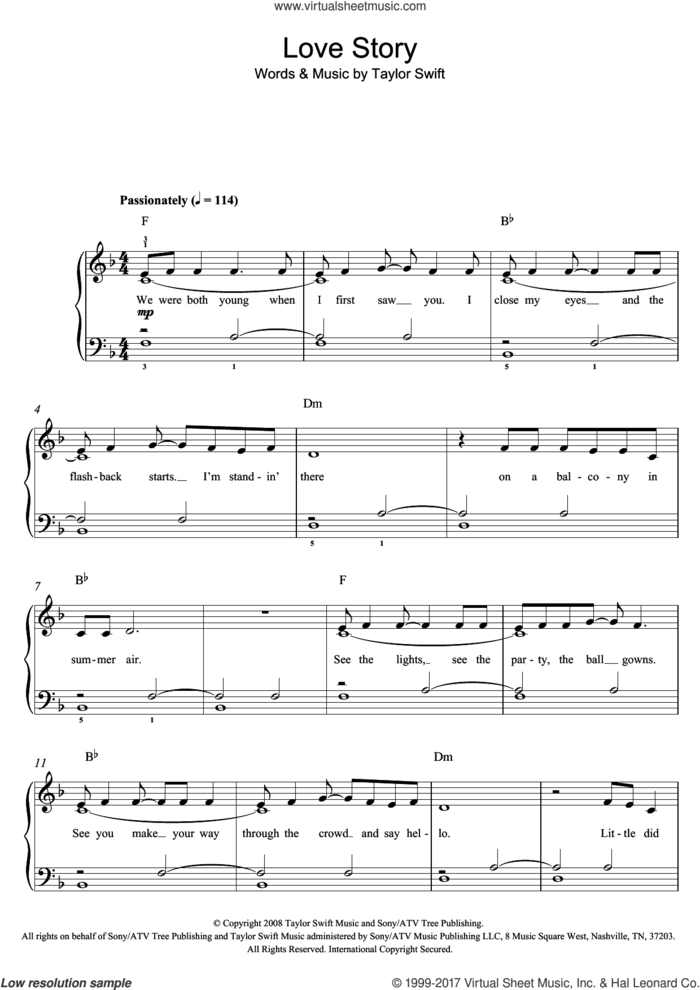 Love Story, (easy) sheet music for piano solo by Taylor Swift, easy skill level
