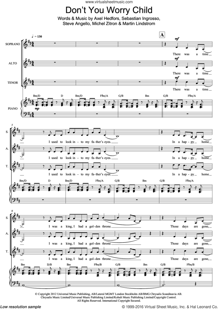 Don't You Worry Child sheet music for voice, piano or guitar by Swedish House Mafia, Mark De-Lisser, Axel Hedfors, Martin Lindstrom, Michel Zitron, Sebastian Ingrosso and Steve Angello, intermediate skill level