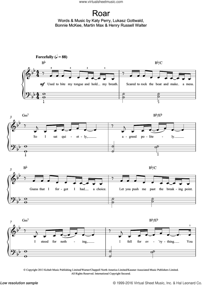 Roar sheet music for piano solo (beginners) by Katy Perry, Bonnie McKee, Henry Russell Walter, Lukasz Gottwald and Martin Max, beginner piano (beginners)