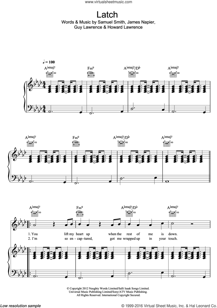 Latch sheet music for voice, piano or guitar by Sam Smith, Guy Lawrence, Howard Lawrence, James Napier and Samuel Smith, intermediate skill level
