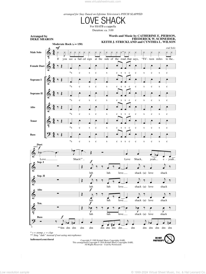 Love Shack sheet music for choir (SSATB) by Deke Sharon, Catherine E. Pierson, Cynthia L. Wilson, Frederick W. Schneider and Keith Strickland, intermediate skill level