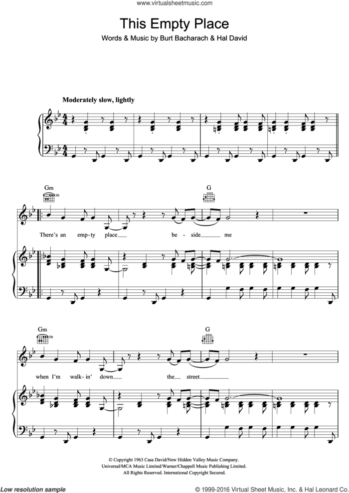 This Empty Place sheet music for voice, piano or guitar by Dionne Warwick, Burt Bacharach and Hal David, intermediate skill level